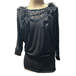 NWT Women’s Karen Kane Long Top with Beaded, Sequin & Ruffled Accent Neckline